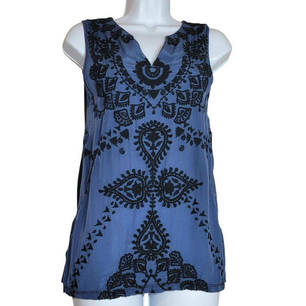 Lucky Brand Blouse, Women M, Blue w/Black Embroidery /Beads, Boho Sleeveless,EUC